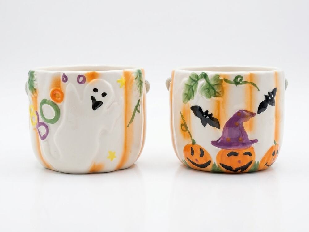 Set of 2 Royal Norfolk Halloween Ceramic Buckets Pots Candy Dishes Rope Handles